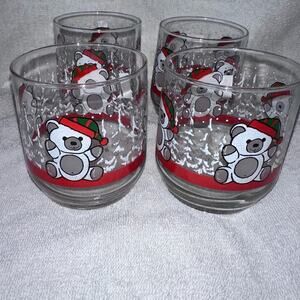 Vintage MCM Retro Libbey Christmas Teddy Bears Low Ball Drinking Glasses Set 4